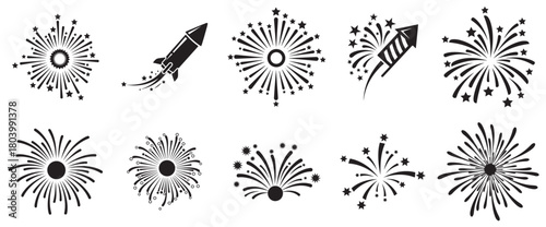 Mega sets of fireworks vector collection, huge variety celebration explosion, isolated festive event graphic, dynamic new year light effect element, abstract burst design, party background