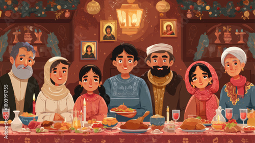 Traditional Orthodox Christmas family feast illustration with ornate Slavic embroidery patterns and warm candlelit winter holiday atmosphere for seasonal presentations.