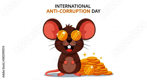 Cartoon Mouse with Gold Coin Eyes and Pile of Coins for Anti-Corruption Day