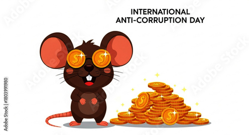 Cartoon Mouse with Golden Coins Covering Eyes and Pile of Gold Coins