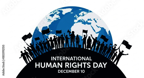 International Human Rights Day: Silhouetted Crowd with Flags and Globe Illustration