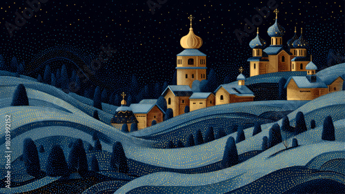 Peaceful Orthodox Christmas night village with glowing golden domes and swirling starry winter sky, creating an enchanting festive spiritual atmosphere for seasonal presentations.