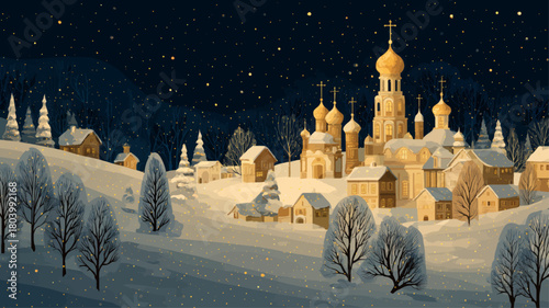Peaceful Orthodox Christmas night village with glowing golden domes and swirling starry winter sky, creating an enchanting festive spiritual atmosphere for seasonal presentations.