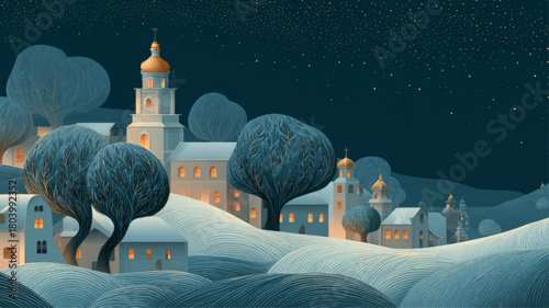 Peaceful Orthodox Christmas night village with glowing golden domes and swirling starry winter sky, creating an enchanting festive spiritual atmosphere for seasonal presentations.
