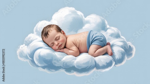 Adorable sleeping newborn baby boy resting peacefully on soft fluffy white clouds in a serene blue sky