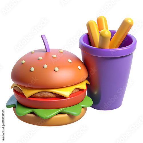 3d cartoon hamburger and french fries fast food