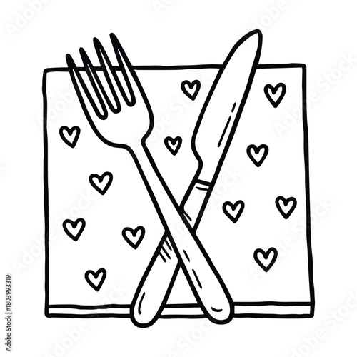 Black-and-white cartoon illustration of fork and knife crossed over heart-patterned napkin in whimsical seasonal theme on transparent background