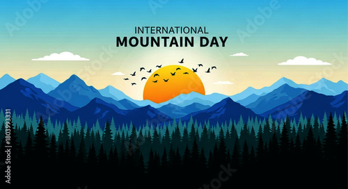 Pixelated Mountain Landscape with Rising Sun and Birds for International Mountain Day