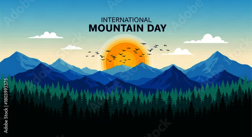 Pixelated Mountain Landscape with Sun and Birds Celebrating International Mountain Day