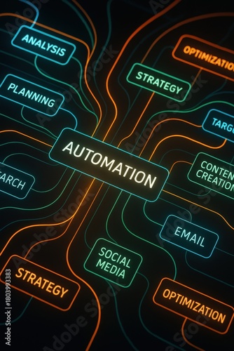 marketing automation workflow performance concept. Mind map illustrating automation concepts and strategies.