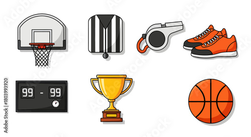 Collection of basketball equipment and accessories, including a hoop, scoreboard, trophy, sneakers, and ball, representing the sport of basketball and its rewards