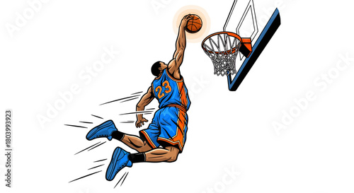 Dynamic basketball player performing a powerful slam dunk, showcasing athletic prowess and high-flying action in a vibrant, energetic illustration