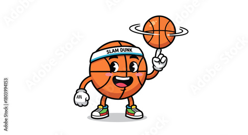 Cartoon basketball character spinning a ball on finger, wearing a headband and ready to slam dunk
