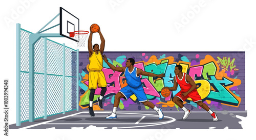 Three African American men playing basketball on an outdoor court with graffiti art in the background