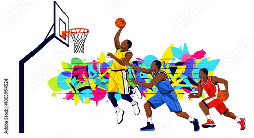 Dynamic illustration of a basketball game with players competing under the hoop with vibrant graffiti art in the background, capturing athletic action and urban culture