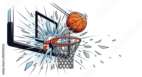 Explosive Basketball Slam Dunk Shattering Backboard Illustration
