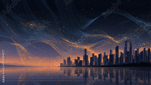 Futuristic night cityscape with glowing Braille-inspired dotted light waves symbolizing accessibility, inclusive communication, and modern disability awareness themes.