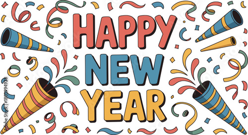 Festive happy new year illustration with colorful party elements and celebratory graphics