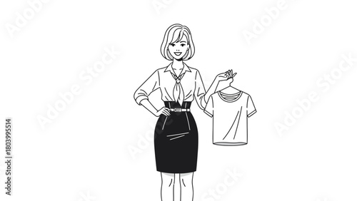 A black and white illustration of a woman in a business outfit holding a tshirt