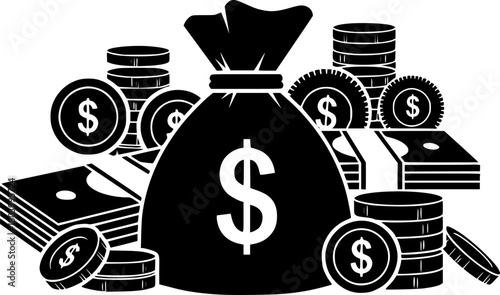 Monochrome vector illustration of a money bag with a dollar sign, surrounded by coins and stacks of cash