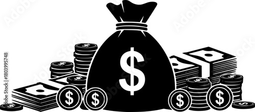 Monochrome vector illustration of a money bag with a dollar sign, surrounded by coins and stacks of cash