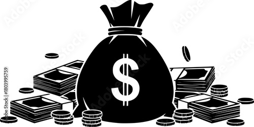 Monochrome vector illustration of a money bag with a dollar sign, surrounded by coins and stacks of cash