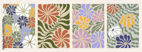 Abstract Contemporary botanical minimalist posters collection. Hand drawn naive flowers and leaves in trendy style. Botanic vector illustration in pastel colors for interior, wall art, home decoration