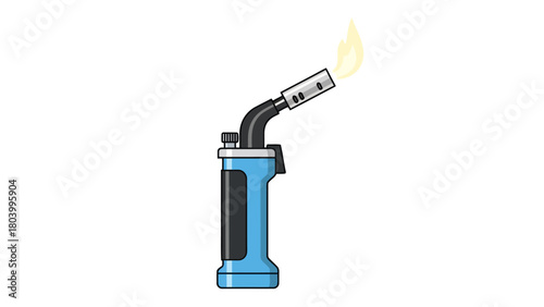A blue and black blow torch with a flame at the nozzle