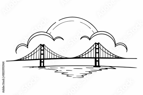 Minimilist illustration of a suspension bridge over water with cloud like shapes above it in black and white style vector
