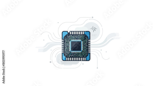 A blue and green computer chip with intricate circuit patterns