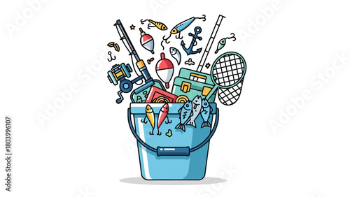 A blue bucket overflowing with fishing gear including rods lures and a net