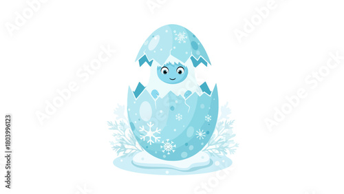 A blue creature hatches from a cracked snowflakepatterned egg