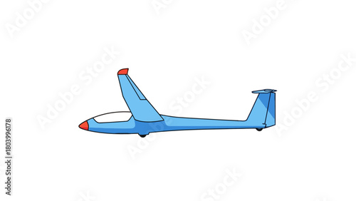 A blue glider with red accents on a white background