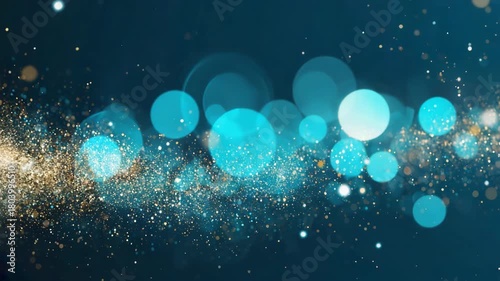 Sparkling Gold Dust and Teal Bokeh Lights Flowing on Deep Teal Background Keywords: bokeh, particles, glowing, light, abstract