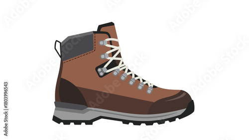 A brown and gray hiking boot with white laces