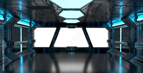 Futuristic dark starship with glowing lights. 3D rendering. Black spaceship interior with isolated cut out transparent window