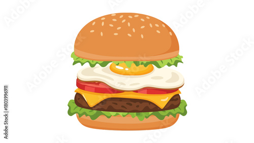 A cartoon hamburger with lettuce fried egg tomato cheese and patty