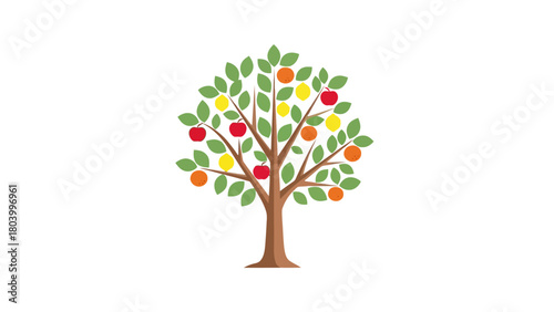 A cartoon illustration of a fruit tree with apples oranges and lemons