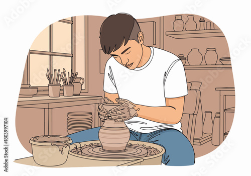 Man making a clay pot on a potter's wheel. Creative hobby and craft workshop concept. Artisan at work flat line art graphic