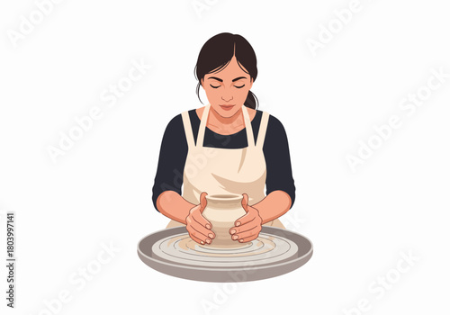 Woman making a clay pot on a potter's wheel. Handmade craft and creative hobby concept. Flat design vector illustration