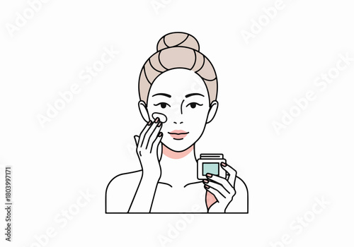 A woman applying face cream in a minimalist line art style. Skincare routine and beauty treatment concept. Graphic for cosmetics and dermatology