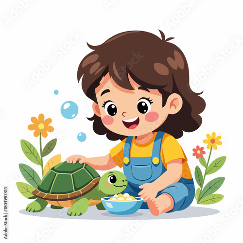 Child feeding a pet turtle cartoon character. A young girl showing kindness and friendship to an animal. Flat style graphic design