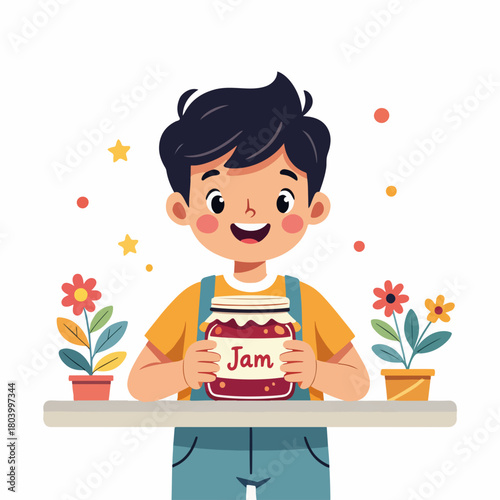 A cartoon boy holding a jar of homemade jam. Happy child with fruit preserves. Flat design vector illustration