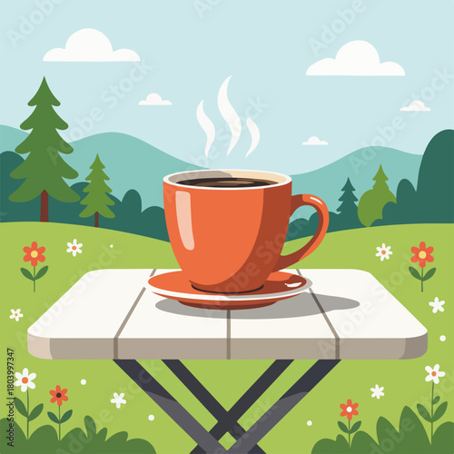 A cup of hot coffee on a table in a nature landscape. Flat design graphic of a morning coffee break outdoors. Camping and relaxation concept with mountain scenery.