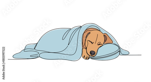 Sleeping dog one-line art drawing. Minimalist pet animal resting under a cozy blanket. Simple contour graphic for pet care or relaxation concepts