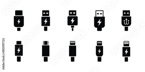 USB cable connectors icon set, Power and data transfer plugs universal charger interface vector