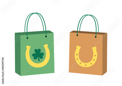 St. Patrick’s Day Gift Bag flat vector Illustration Set.
Lucky Shamrock and Horseshoe Paper Bag Clipart.
White background.