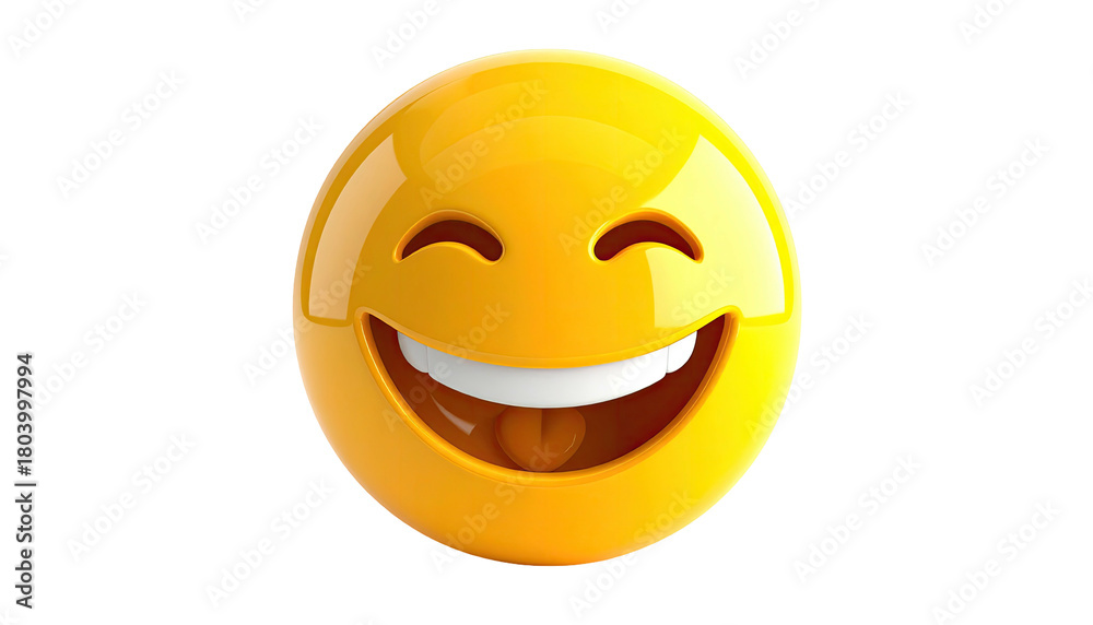 Fototapeta premium Glossy yellow laughing emoji with a wide grin and visible tongue