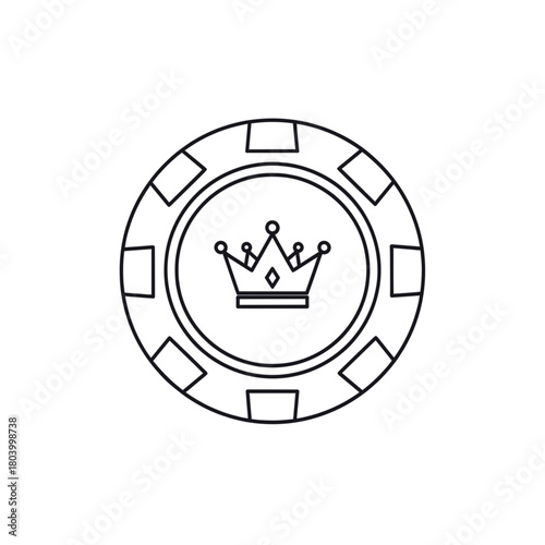 Minimalist black outline vector icon of a poker chip with a crown, symbolizing premium stakes, high-roller status, luxury gaming and elite casino play, isolated on a transparent background