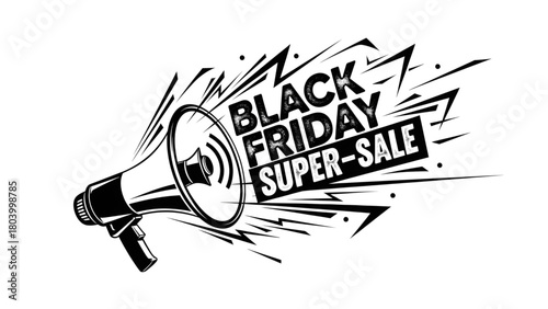Black Friday Super Sale announcement with megaphone, bold graphic design for promotions, marketing, and advertising